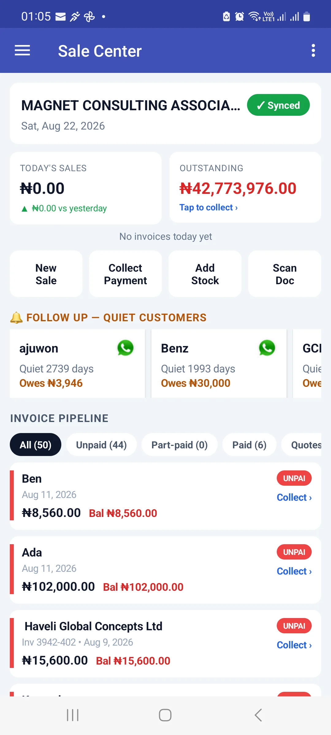 Sale Center home screen showing the store name with a green Synced badge, Today's Sales and Outstanding cards, quick action buttons for New Sale, Collect Payment, Add Stock and Scan Doc, a follow-up carousel of quiet customers with WhatsApp buttons, and an invoice pipeline with All, Unpaid, Part-paid, Paid and Quotes filters