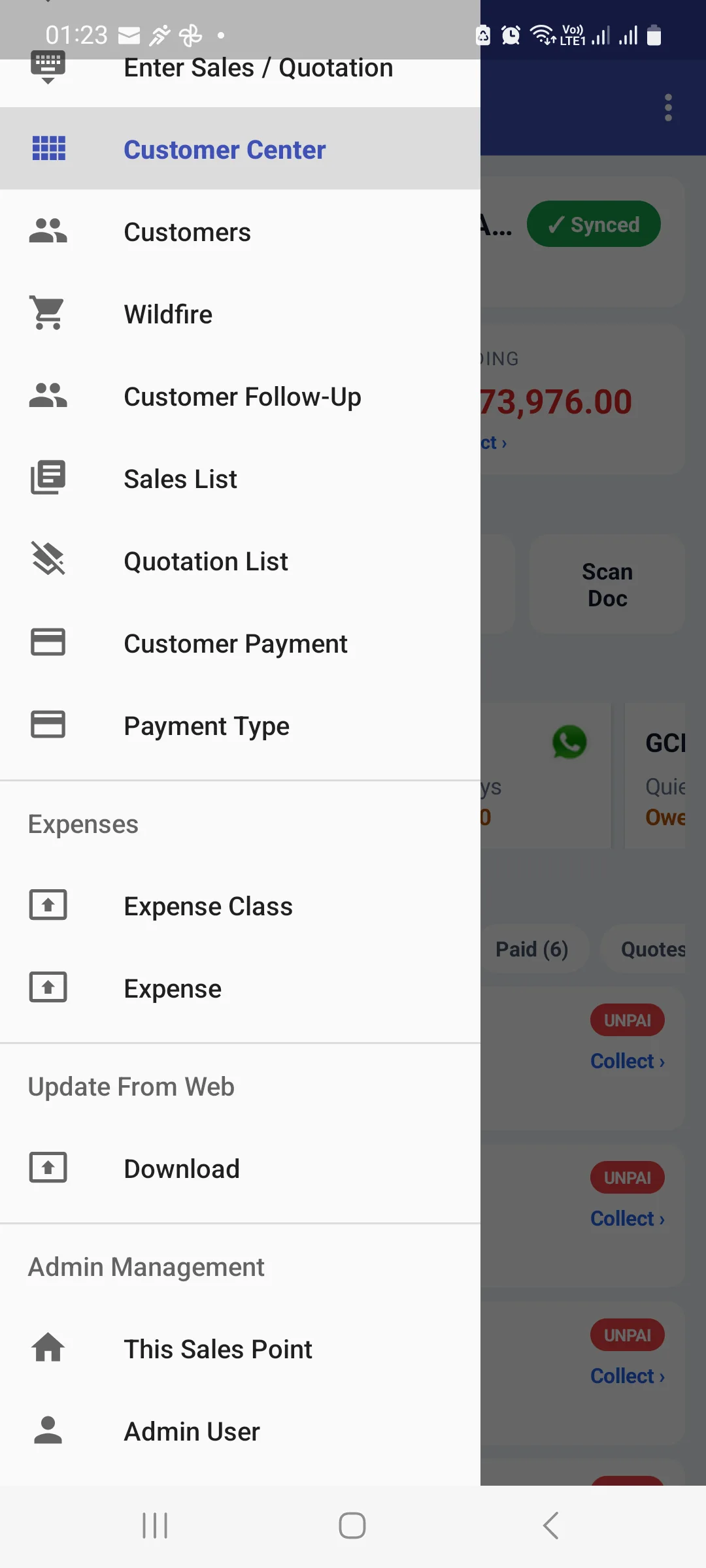Lower part of the Android drawer showing Customers, Wildfire, Customer Follow-Up, Sales List, Quotation List, Customer Payment, Payment Type, then Expenses, Update From Web with Download, and Admin Management with This Sales Point and Admin User