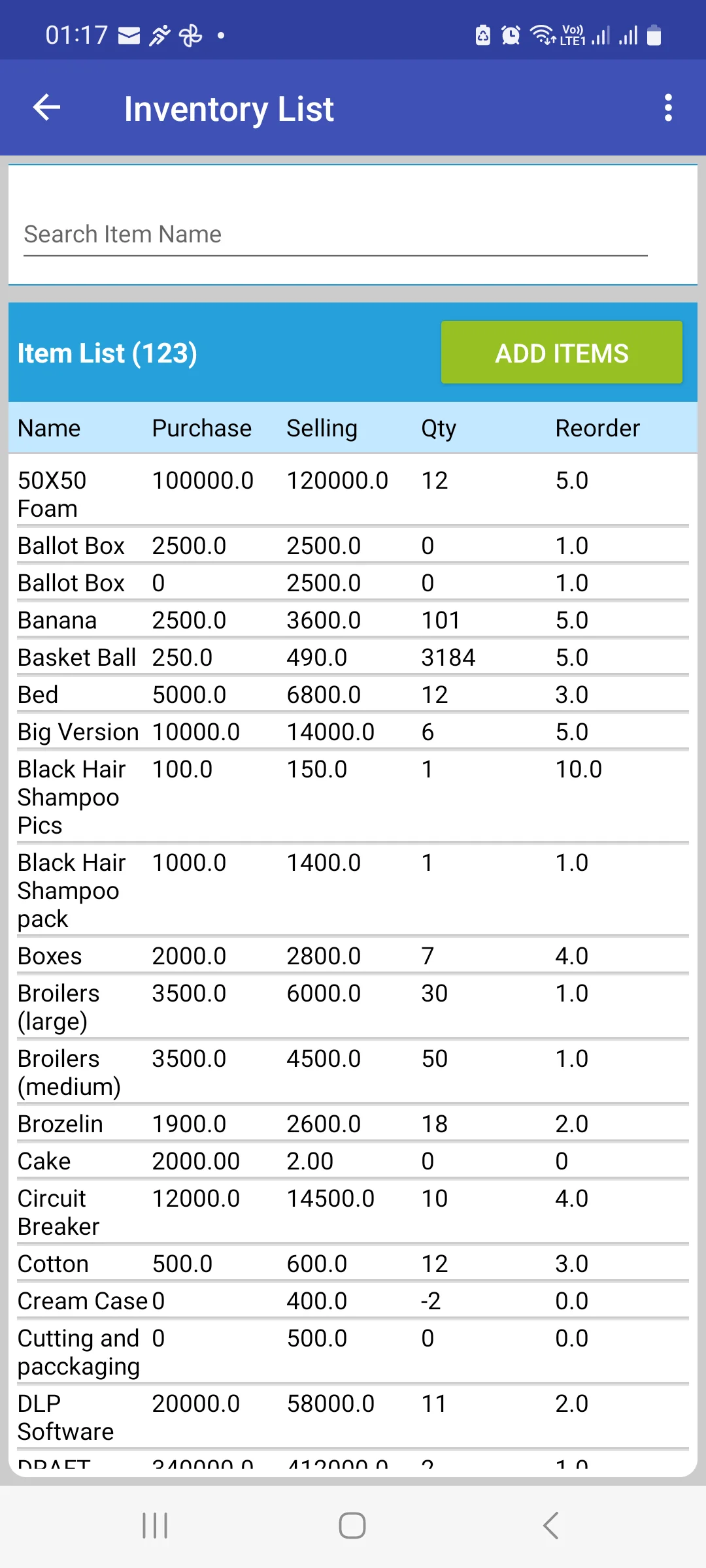 Android Inventory List with a search box, an item count, an ADD ITEMS button and a table of items showing name, purchase rate, selling rate, quantity and reorder level