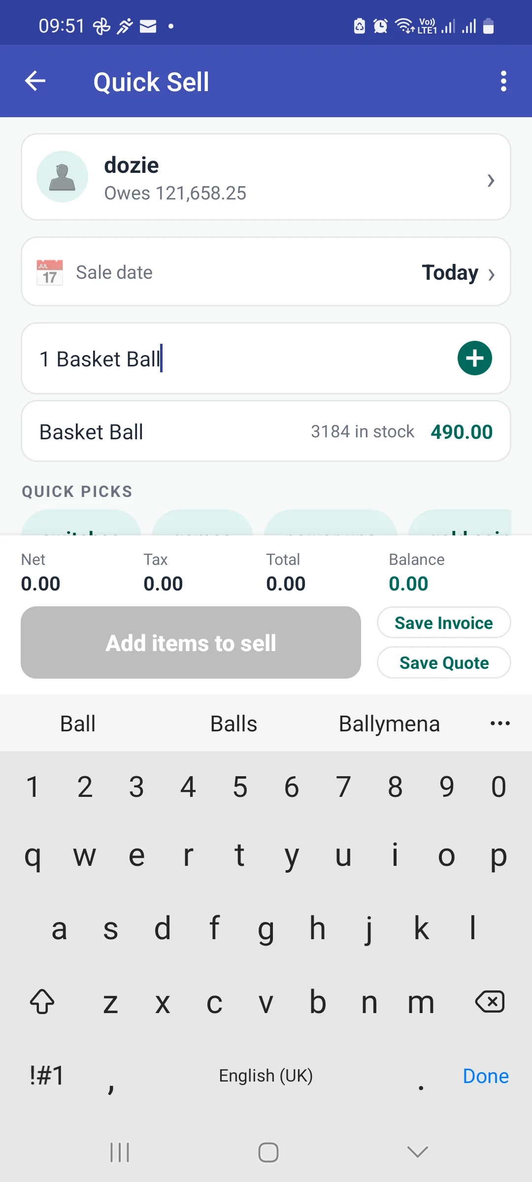 Quick Sell with 1 Basket Ball typed into the item box and a matching suggestion below reading Basket Ball, 3184 in stock, 490.00