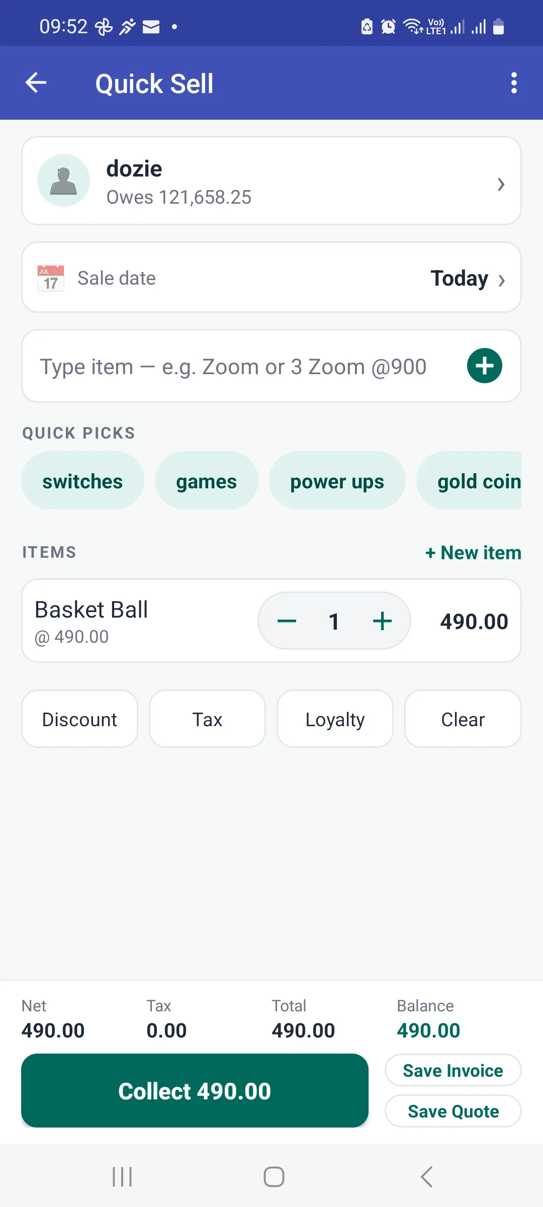 Quick Sell with one line, Basket Ball at 490.00, quantity 1, and the footer showing Net 490.00, Tax 0.00, Total 490.00, Balance 490.00, and a green Collect 490.00 button replacing the grey Add items to sell button