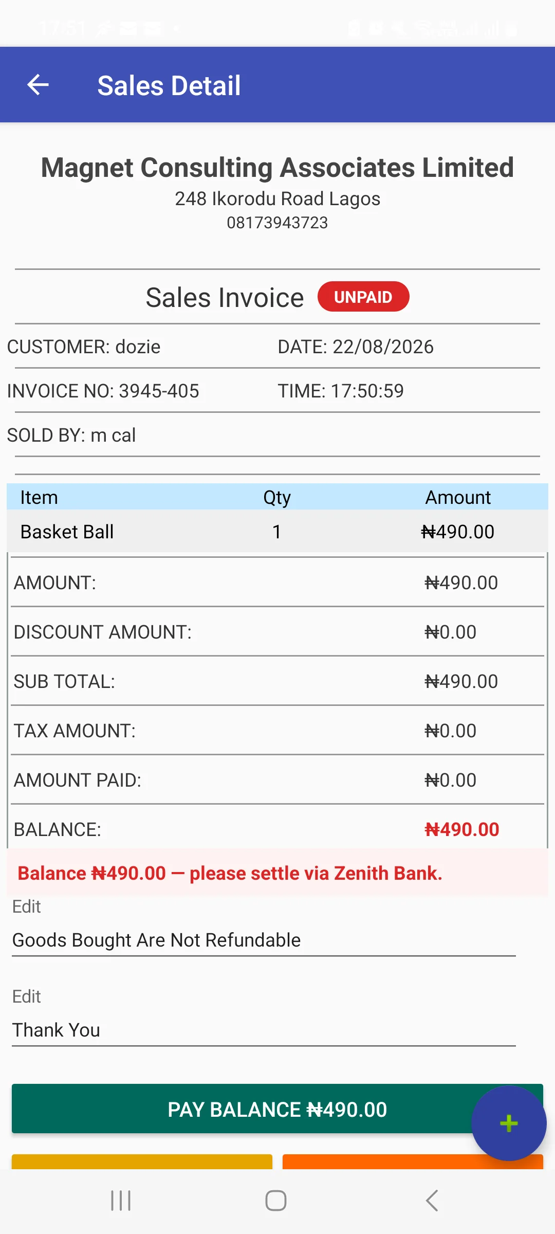 Sales Detail for invoice 3945-405, customer dozie, UNPAID, one line Basket Ball qty 1 amount 490.00, amount paid 0.00, balance 490.00, a red banner reading balance 490.00 please settle via Zenith Bank, and a green Pay Balance 490.00 button