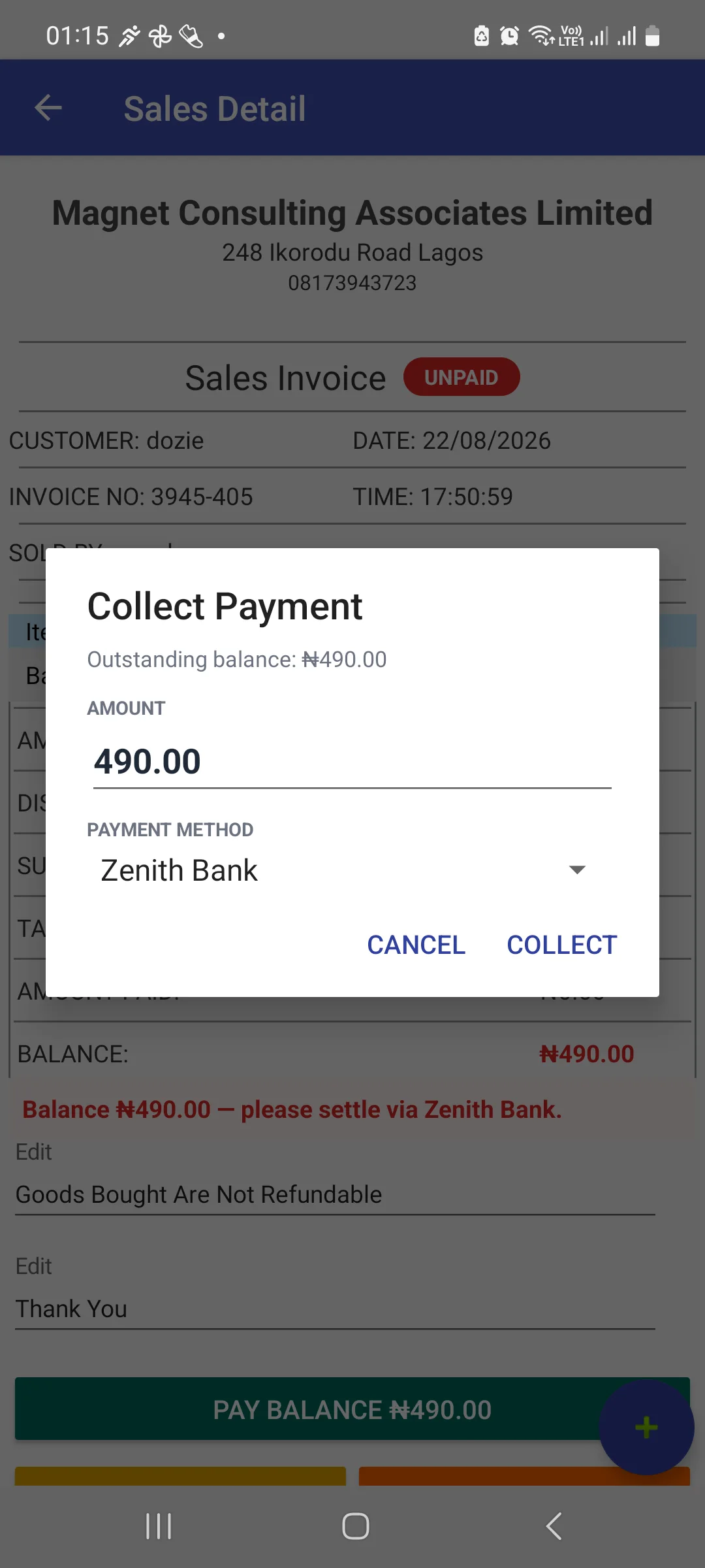 Collect Payment dialog showing outstanding balance 490.00, an editable amount field pre-filled 490.00, a payment method dropdown set to Zenith Bank, and Cancel and Collect buttons