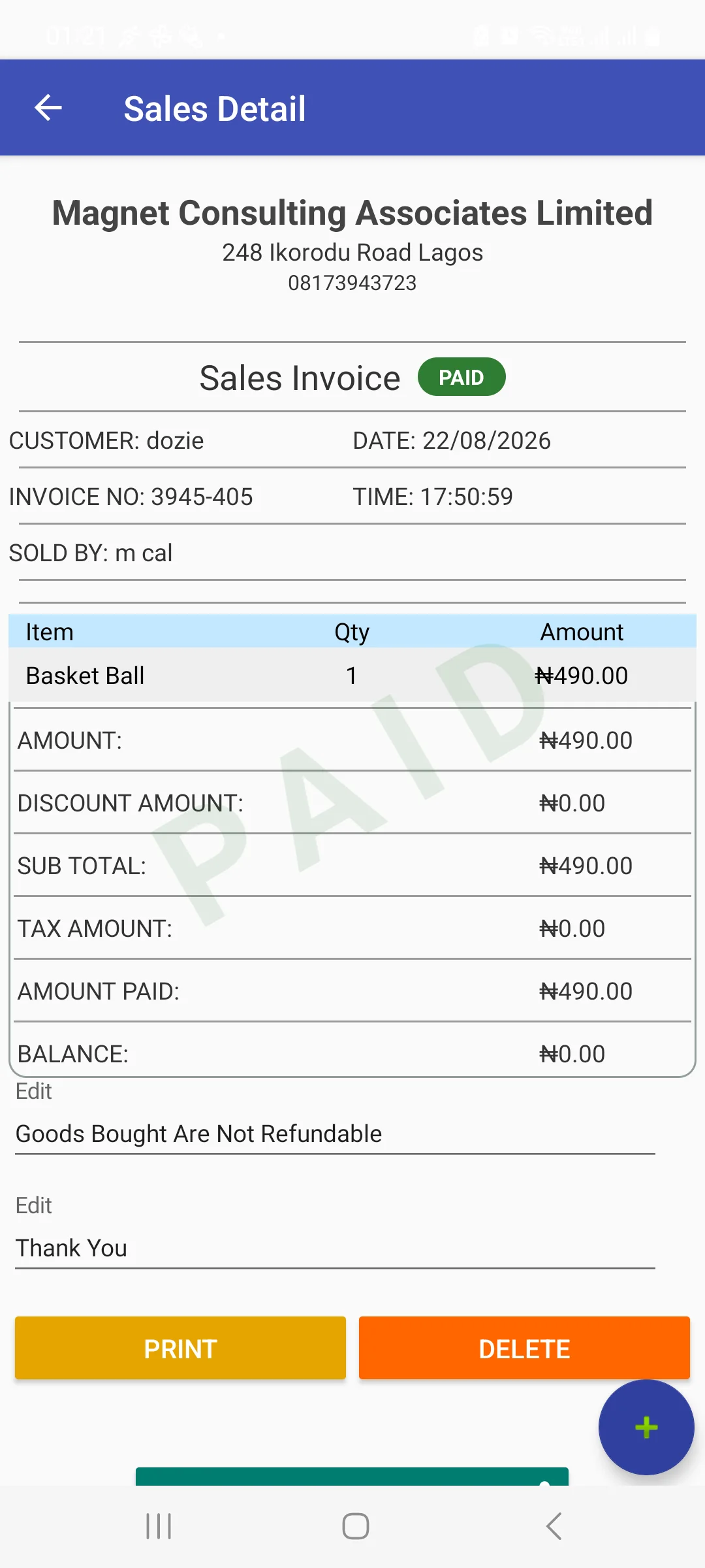 Sales Detail for invoice 3945-405 now showing a green PAID pill, a large diagonal PAID watermark across the item table, amount paid 490.00 and balance 0.00, with Print and Delete buttons at the foot