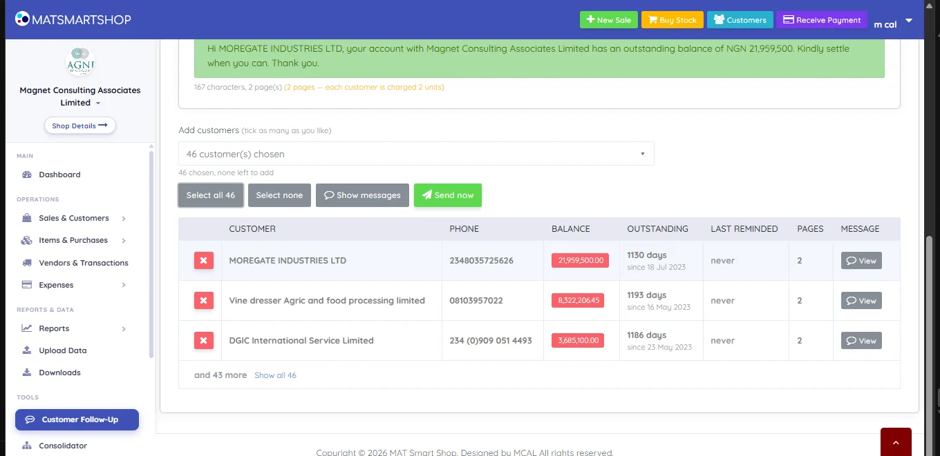Recipient area showing 46 customers chosen, Select all, Select none, Show messages and Send now buttons, and a table of chosen customers with columns for customer, phone, balance, outstanding days, last reminded, pages and a message View button