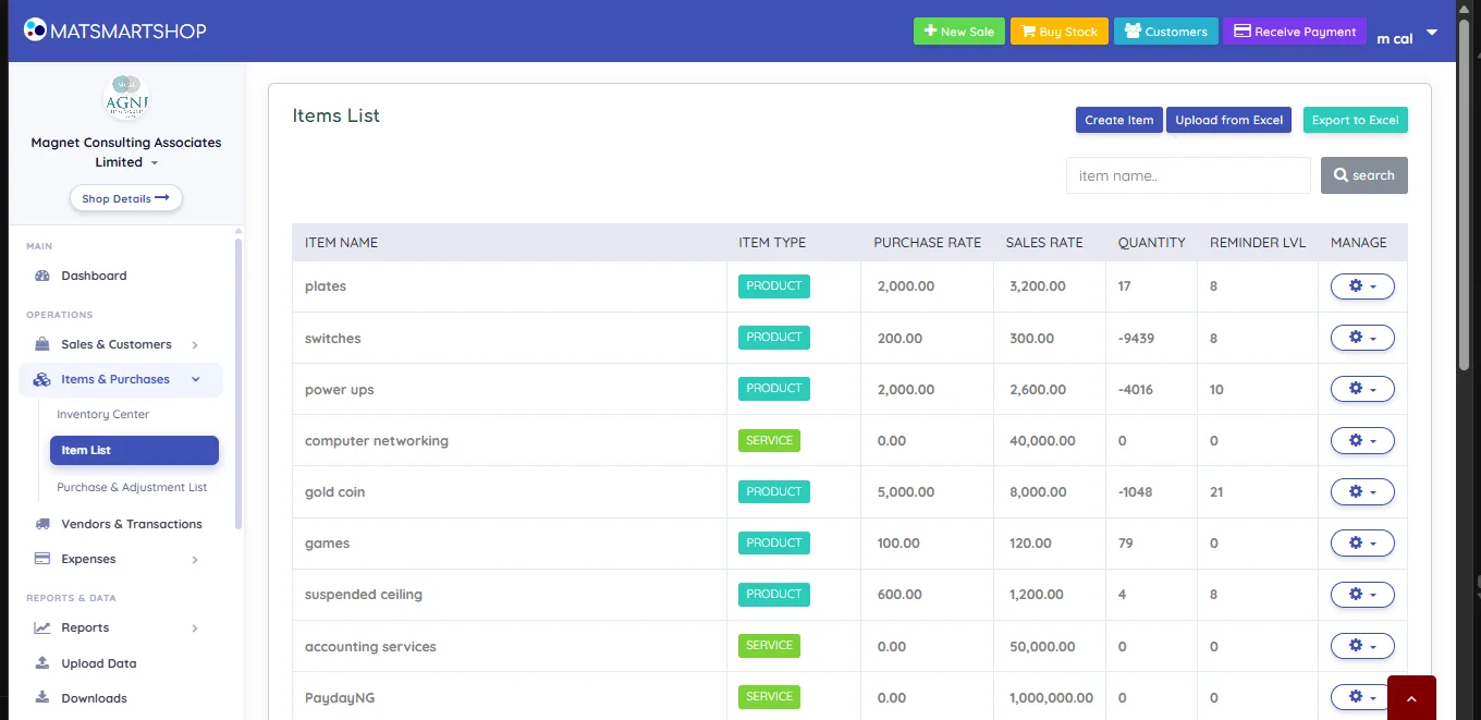 Items List with columns for item name, item type, purchase rate, sales rate, quantity, reminder level and a manage gear button, plus Create Item, Upload from Excel and Export to Excel buttons and a search box
