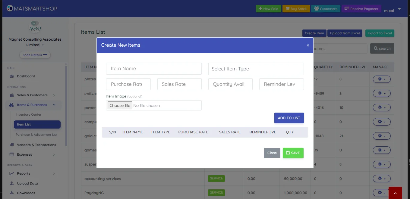 Create New Items dialog with fields for item name, item type, purchase rate, sales rate, quantity available and reminder level, an optional item image, an Add To List button, an empty list table and a Save button