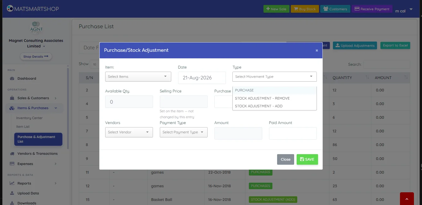 Movement type dropdown open showing PURCHASE, STOCK ADJUSTMENT - REMOVE and STOCK ADJUSTMENT - ADD