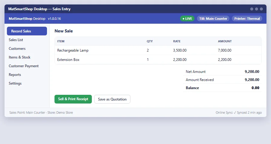 MatSmartShop Desktop sales entry screen with a sidebar, items table, totals, Sell and Print Receipt button, and a sync status footer