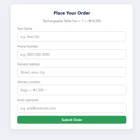 Place Your Order form with fields for Name, Phone Number, Delivery Address, Delivery Location with fee, optional Email, and a Submit Order button