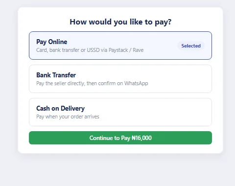 Payment method selector with Pay Online (card, bank transfer or USSD), Bank Transfer, and Cash on Delivery options, and a Continue to Pay button