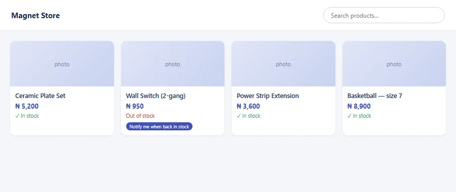 Customer-facing storefront catalog with a search box and item cards showing photo, name, price and stock status