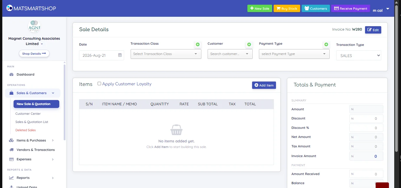 New Sale screen showing Sale Details with date, transaction class, customer, payment type and transaction type, an empty Items panel with an Add Item button, and a Totals and Payment panel on the right