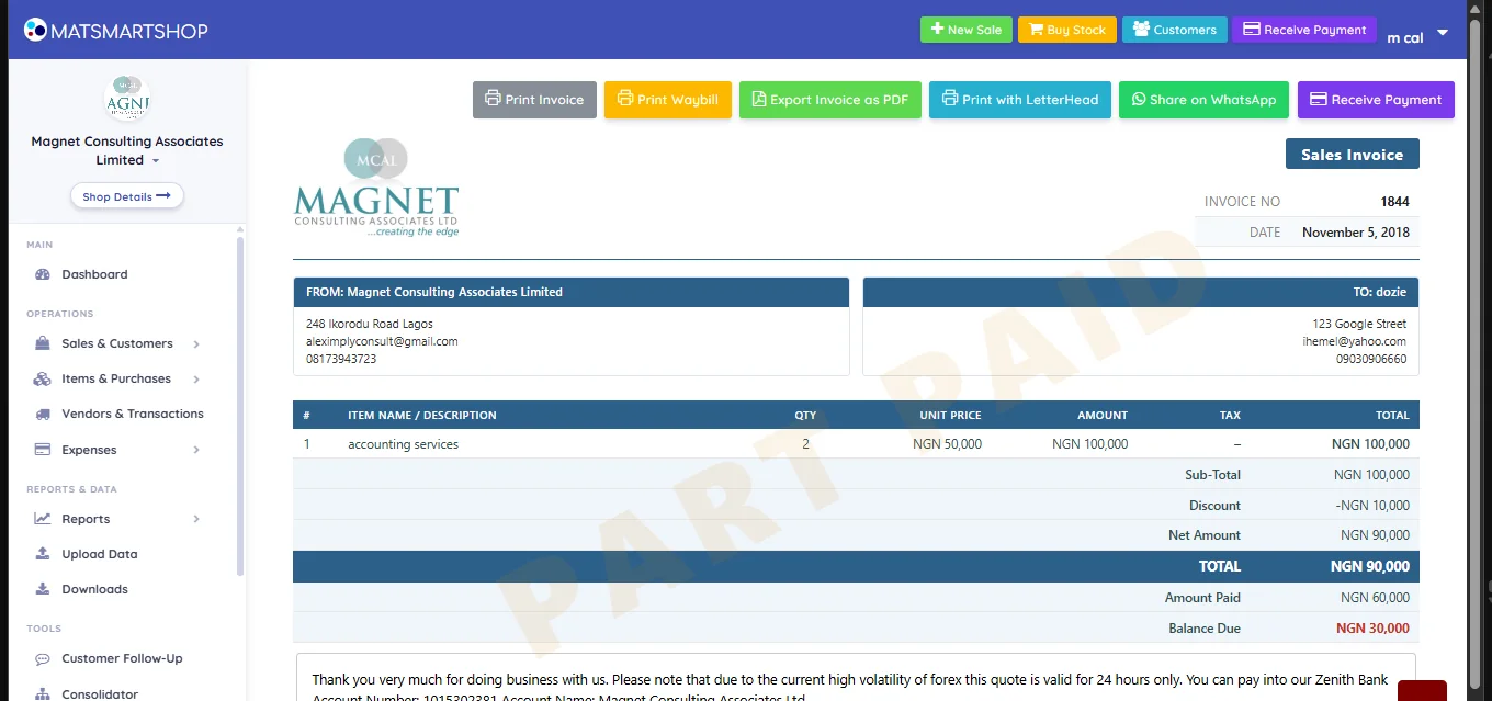 Invoice for dozie with buttons for Print Invoice, Print Waybill, Export Invoice as PDF, Print with LetterHead, Share on WhatsApp and Receive Payment, a PART PAID watermark across the document, from and to blocks, the item table, and totals showing total ninety thousand, amount paid sixty thousand and balance due thirty thousand