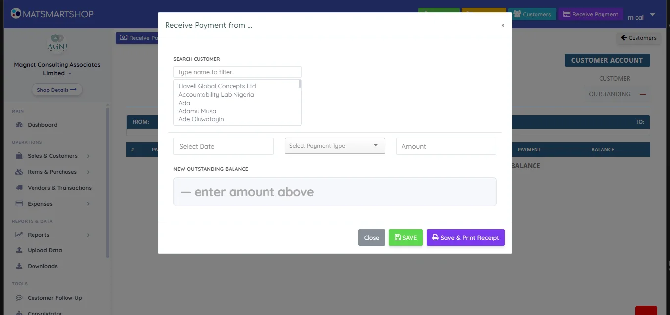 Receive Payment dialog with a customer search and list, date, payment type and amount fields, a new outstanding balance preview, and Close, Save and Save and Print Receipt buttons