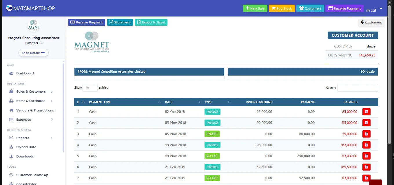 Customer Account page for dozie showing Receive Payment, Statement and Export to Excel buttons, the customer name and outstanding balance, and a table of rows badged INVOICE or RECEIPT with payment type, date, invoice amount, payment and a running balance