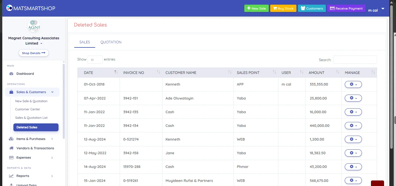 Deleted Sales screen listing sales that were removed