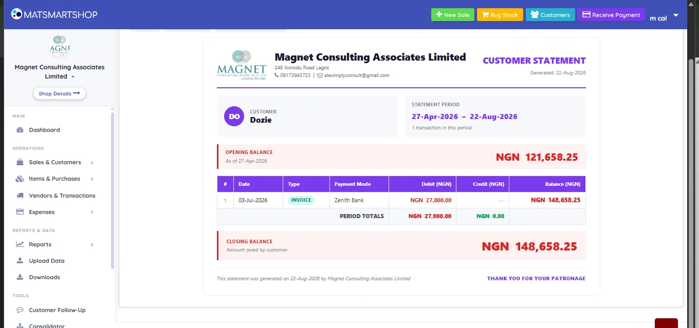 Generated customer statement for Dozie on company letterhead, showing the statement period, one transaction in the period, opening balance, an invoice row with payment mode Zenith Bank and debit amount, period totals, and a closing balance labelled amount owed by customer