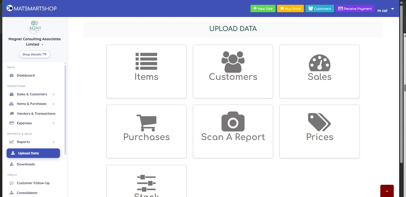 Upload Data screen showing seven tiles: Items, Customers, Sales, Purchases, Scan A Report, Prices and Stock Adjustments