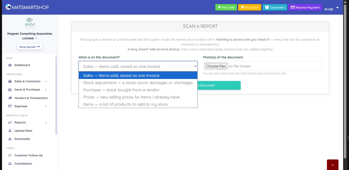 Document type dropdown open showing five options: Sales, Stock adjustment, Purchase, Prices and Items