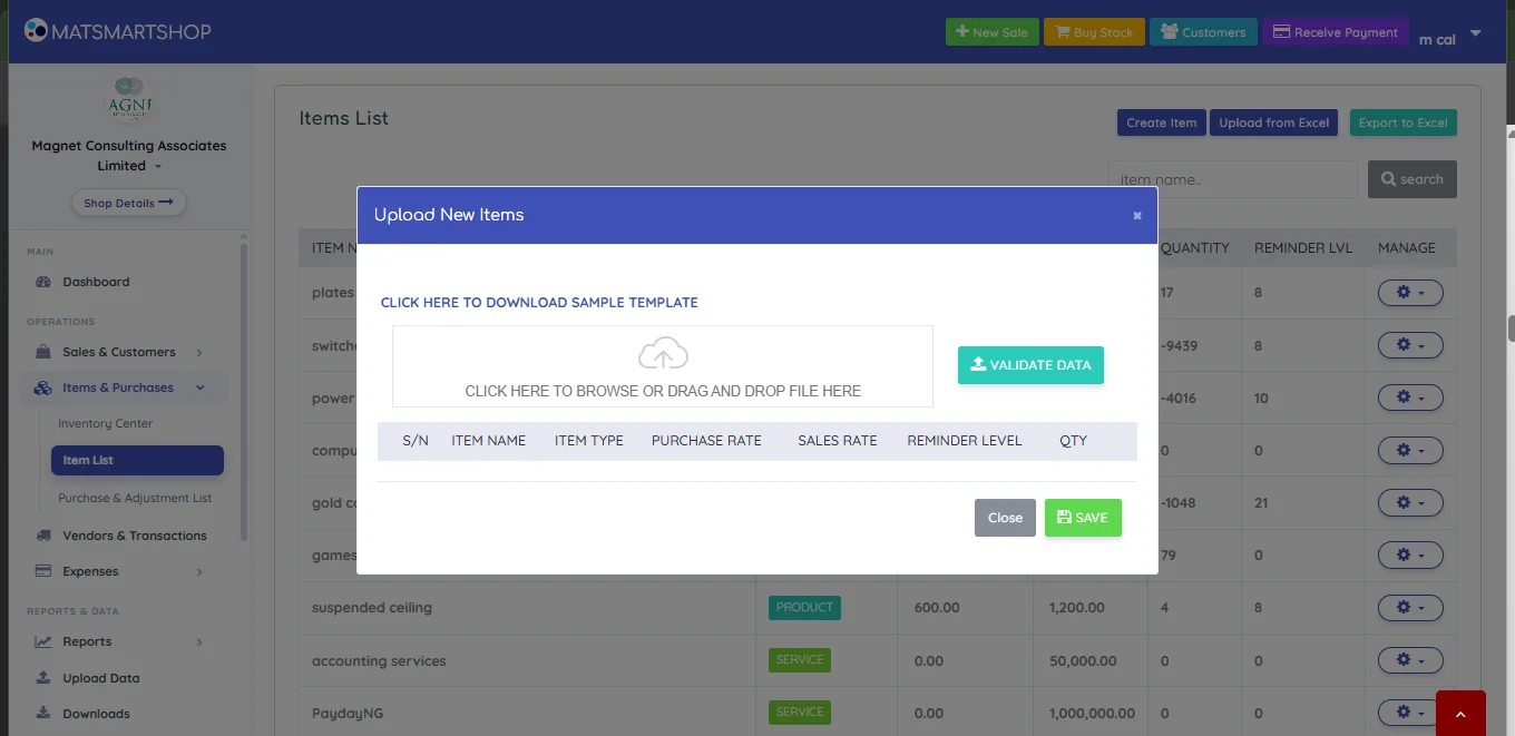 Upload New Items dialog over the Items List, showing a download sample template link, a drag and drop area, a Validate Data button, a preview table with S/N, item name, item type, purchase rate, sales rate, reminder level and qty columns, and Close and Save buttons