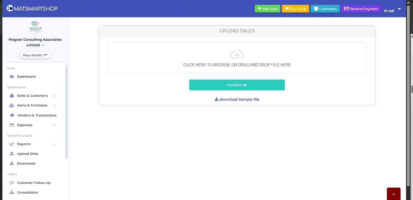 Upload Sales screen showing a drag-and-drop area, a Validate button and a download Sample file link