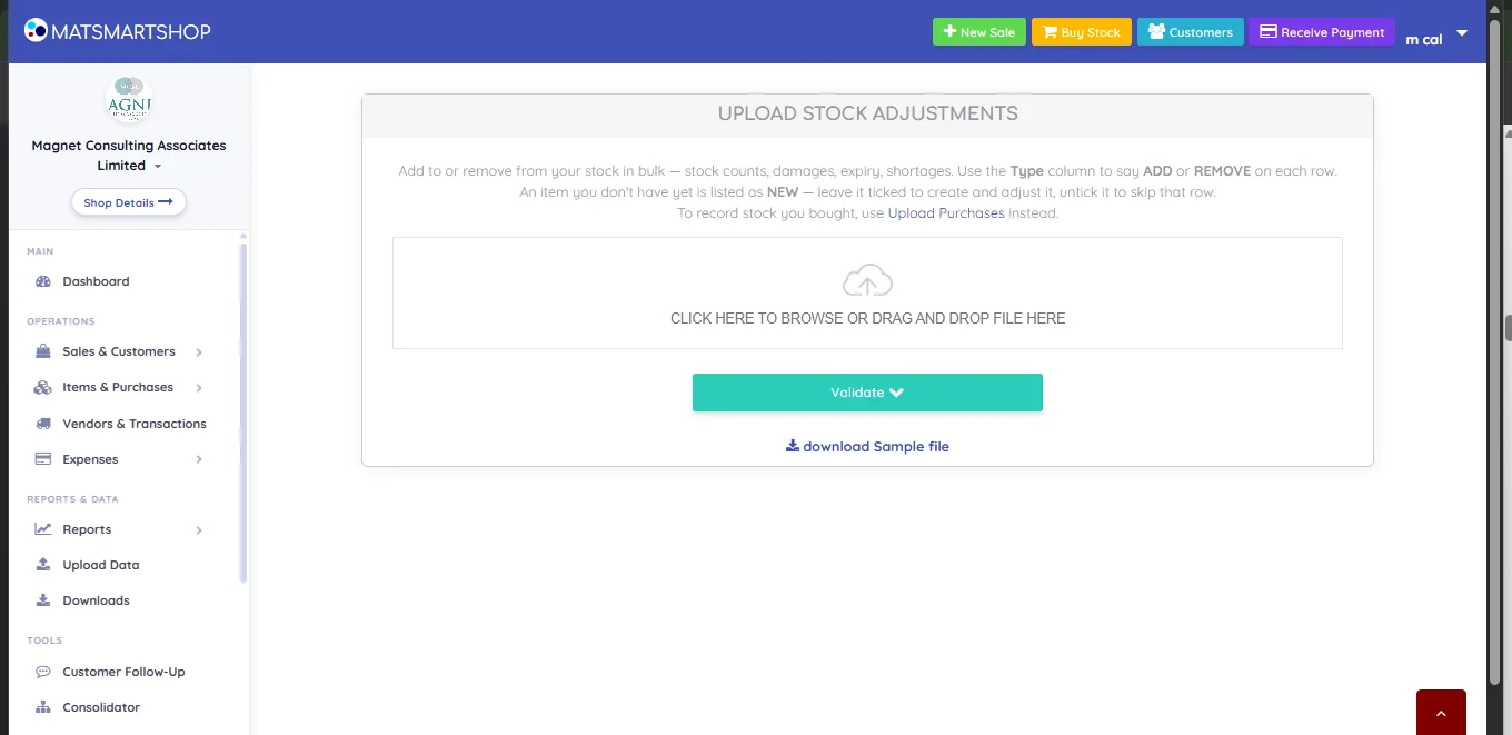 Upload Stock Adjustments screen explaining the Type column with ADD or REMOVE, the NEW flag for unknown items, and a pointer to Upload Purchases for bought stock