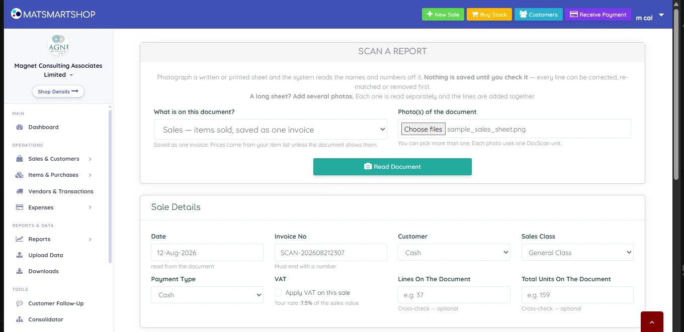 Scan review showing Sale Details with date read from the document, an auto-generated invoice number, customer, sales class, payment type, a VAT checkbox showing a 7.5 percent rate, and optional cross-check fields for lines and total units on the document