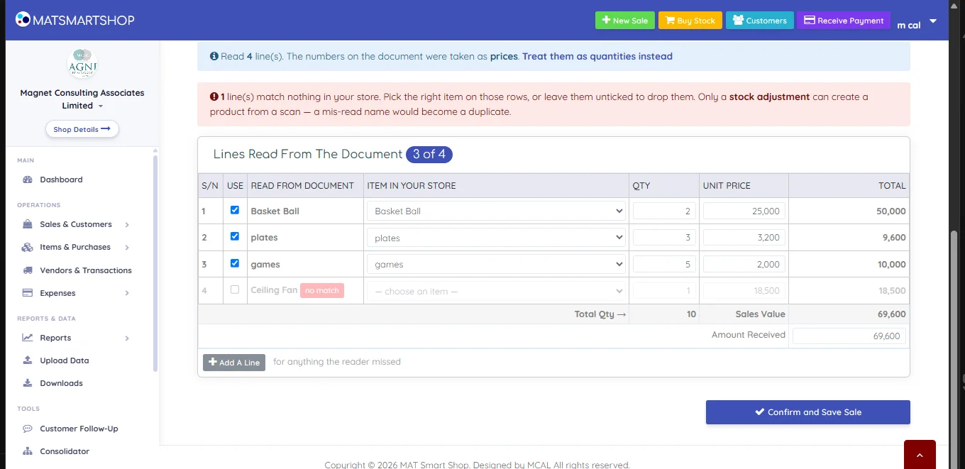 Foot of the scan review showing the complete lines table with totals for total quantity and sales value, an amount received field, an Add A Line button, and the Confirm and Save Sale button