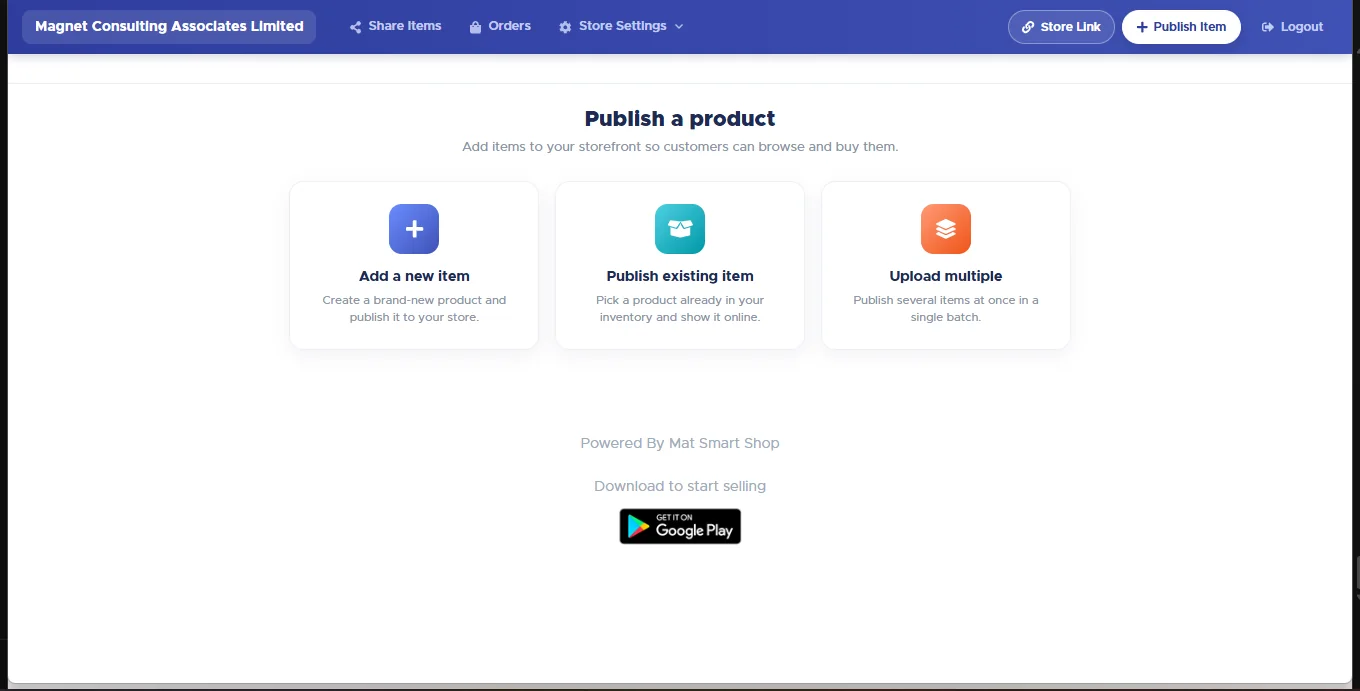 Publish a product screen with three cards: Add a new item, Publish existing item, and Upload multiple