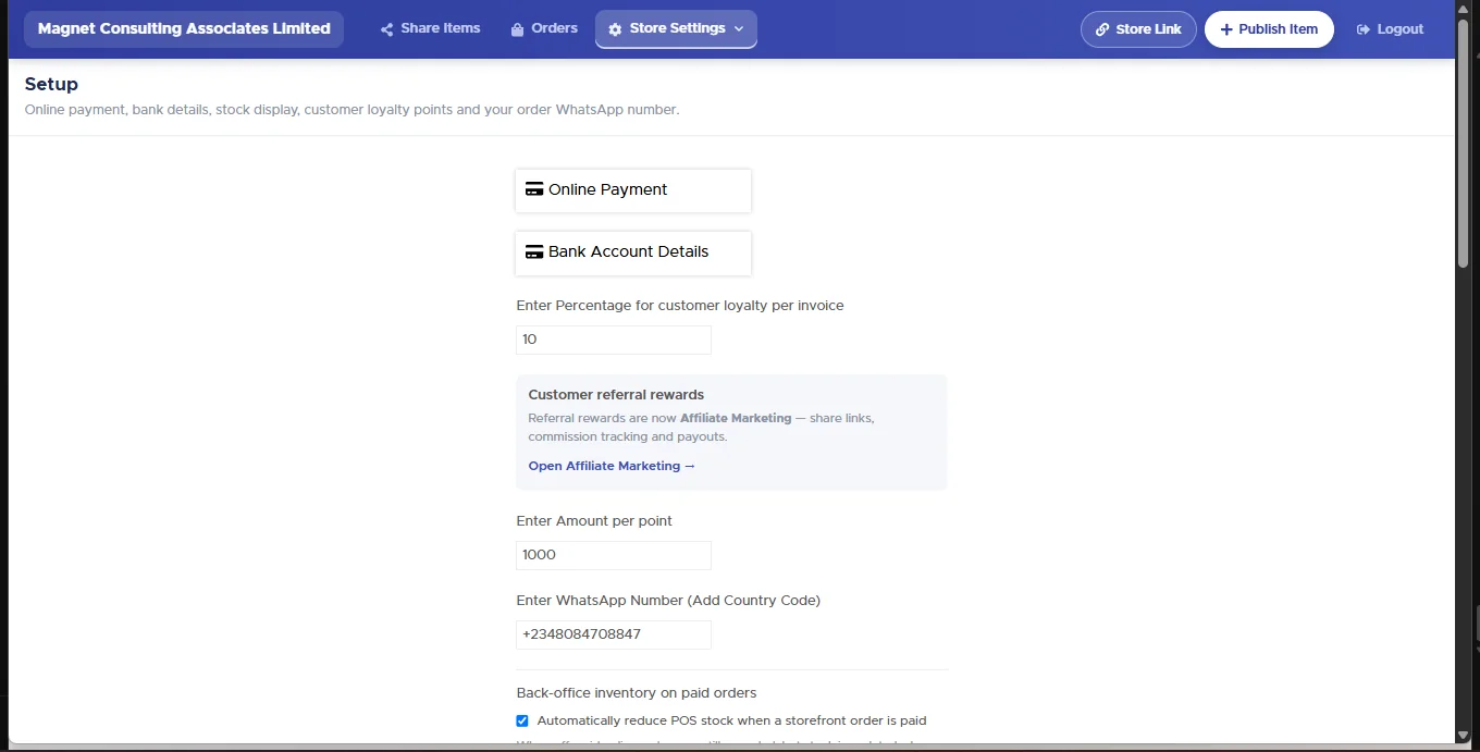 Setup screen showing Online Payment and Bank Account Details buttons, loyalty percentage, referral rewards notice, amount per point, WhatsApp number and the back-office inventory toggle