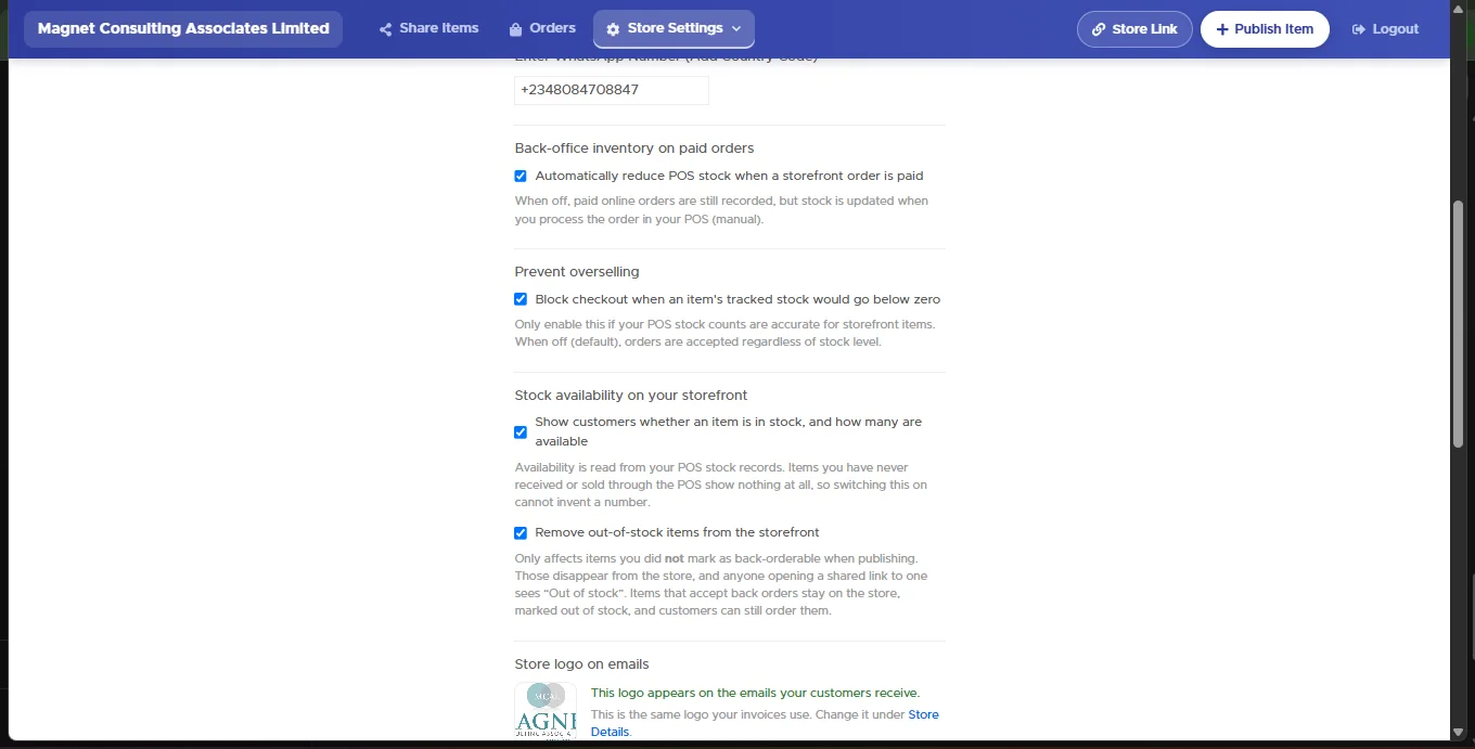 Setup screen stock section: Back-office inventory on paid orders, Prevent overselling, and Stock availability on your storefront with two checkboxes, each with explanatory text