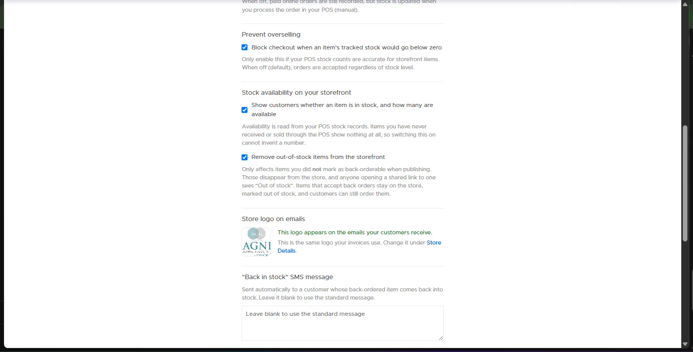 Setup screen showing the store logo on emails panel and the Back in stock SMS message box with helper text