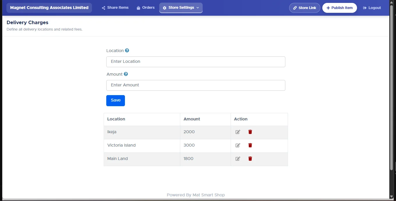 Delivery Charges screen with Location and Amount fields, a Save button, and a table listing Ikeja 2000, Victoria Island 3000 and Main Land 1800