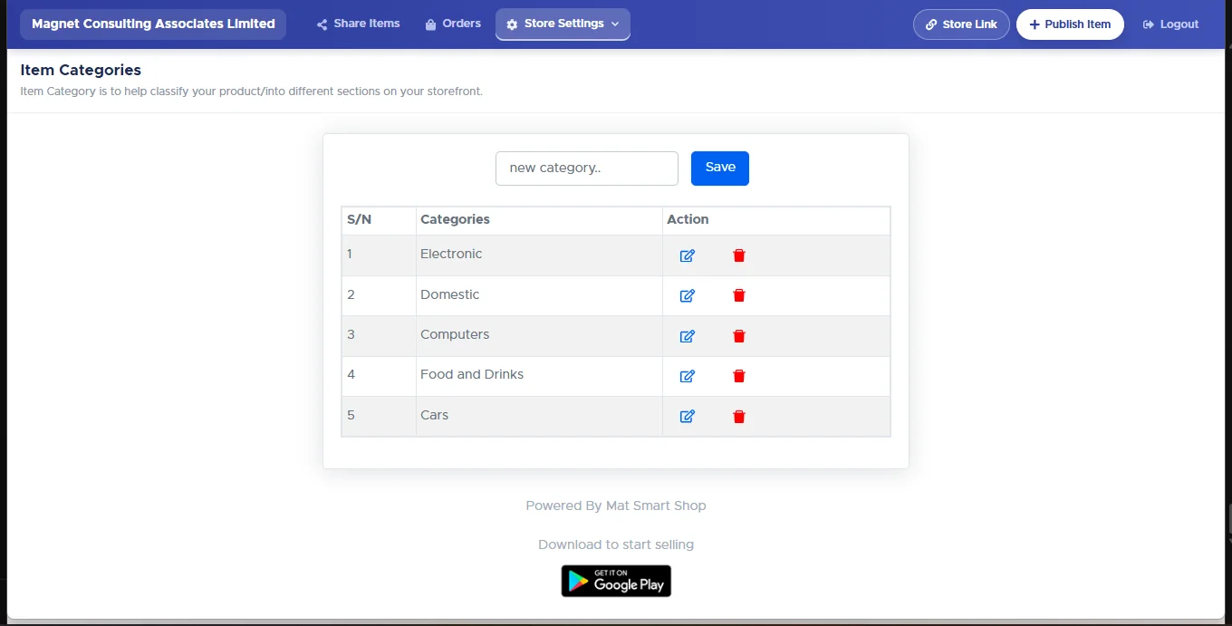 Item Categories screen with a new category box, Save button, and a table of categories with edit and delete actions