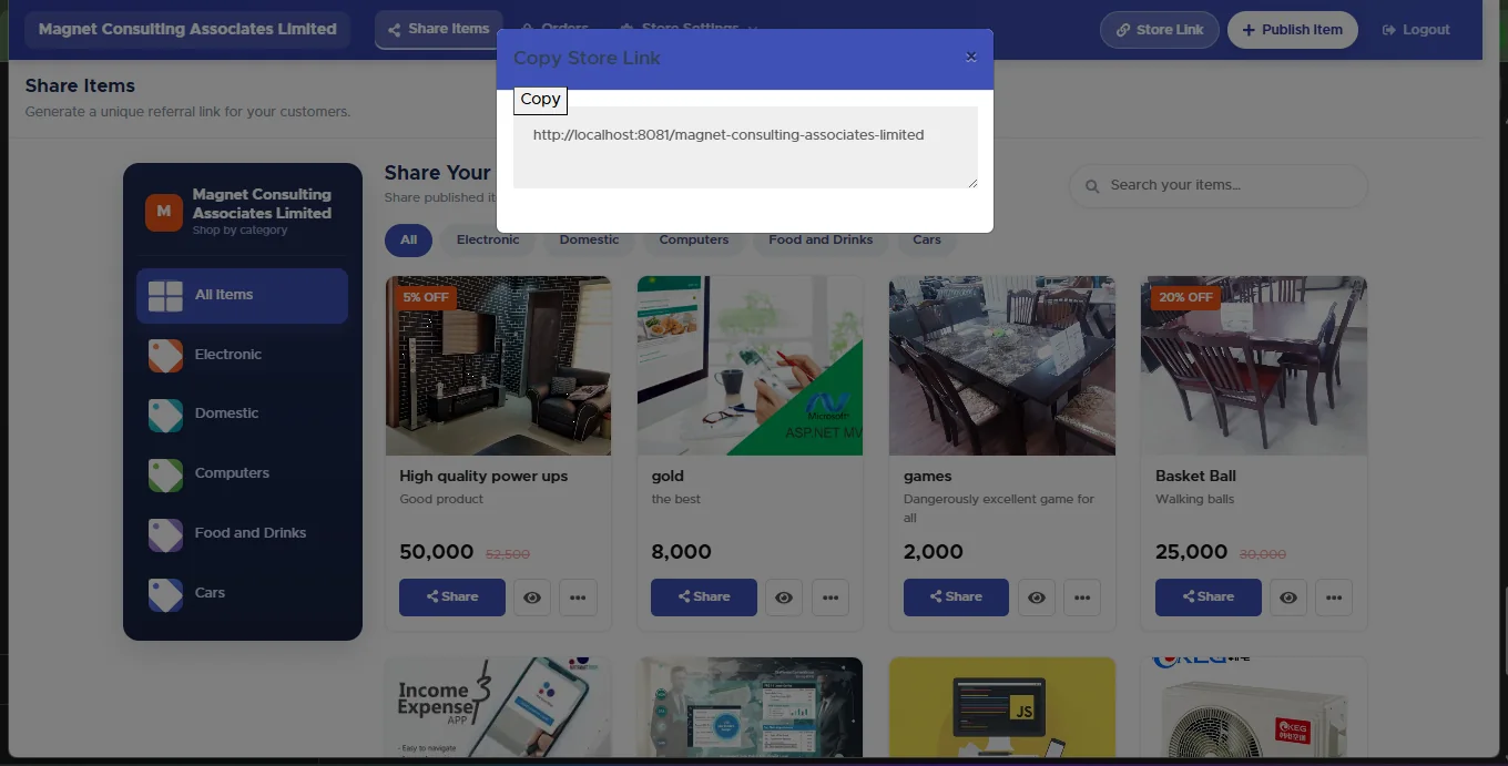 Copy Store Link dialog showing the storefront web address and a Copy button, over the Share Items page