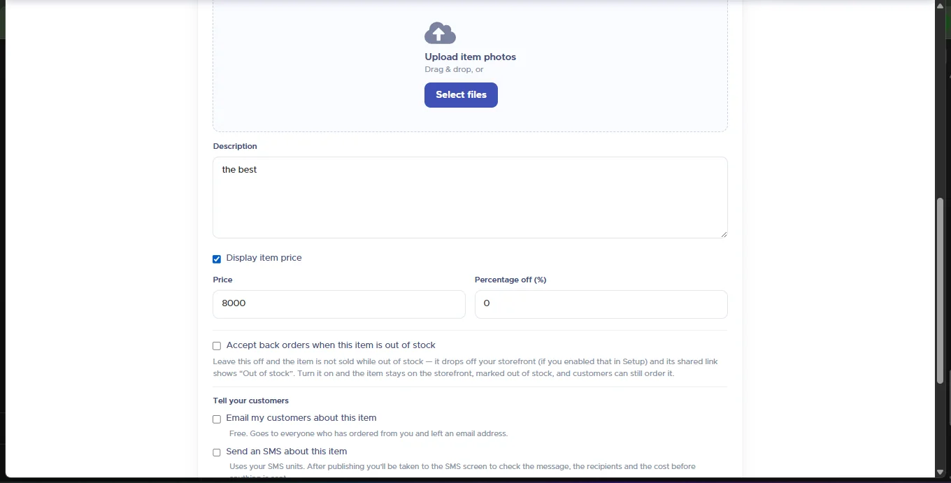 Lower half of the publish form showing the photo dropzone, description, price and percentage off, the Accept back orders checkbox with explanation, and the Tell your customers section with email and SMS options