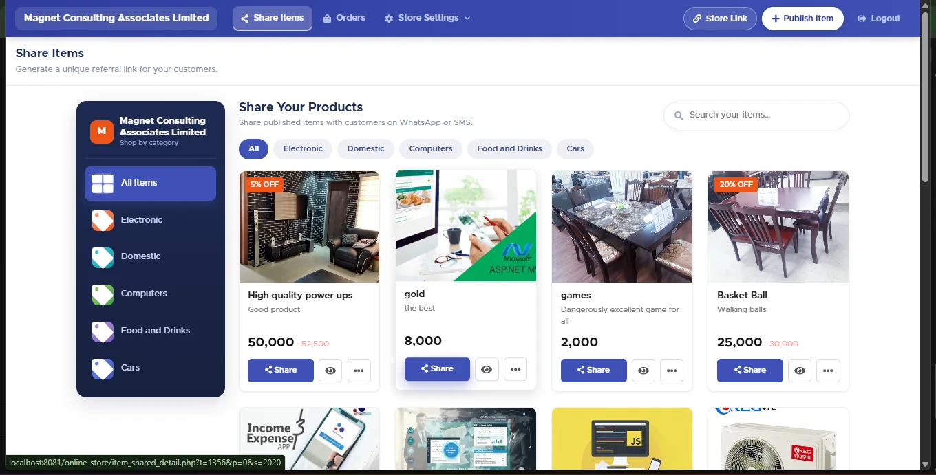 Share Items page showing product cards in a grid, each with a Share button, an eye icon and a three-dot menu, plus a search box and category filters