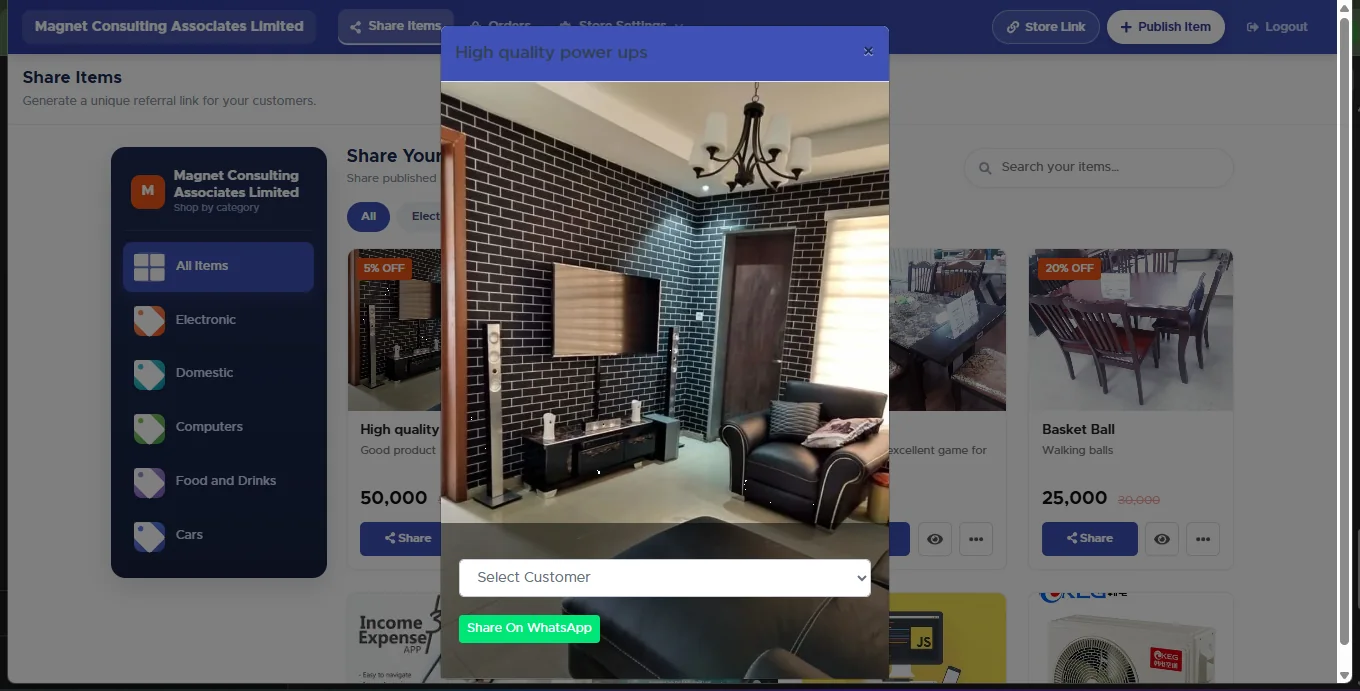 Share Item dialog showing the product photo, a Select Customer dropdown and a green Share On WhatsApp button