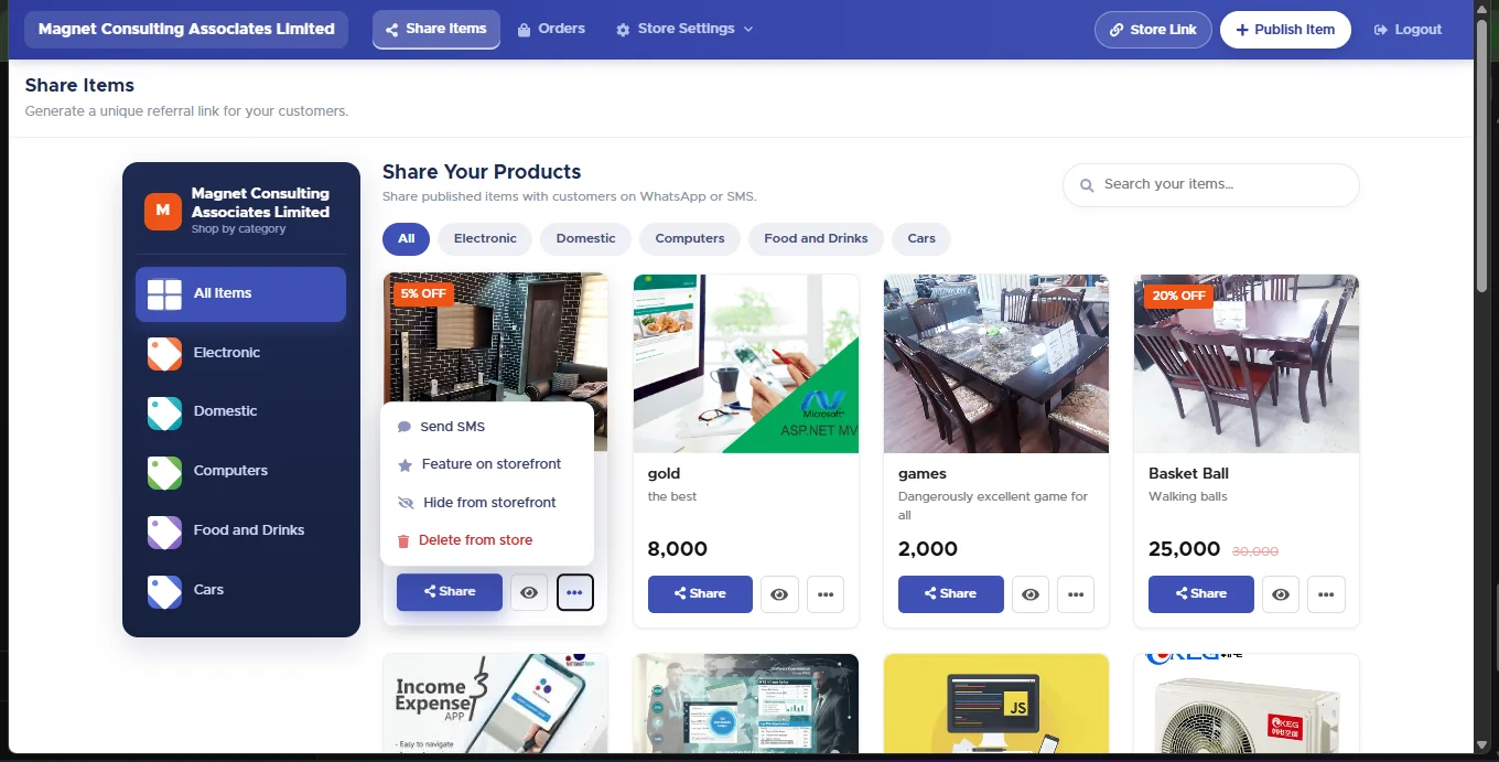 Product card three-dot menu open showing Send SMS, Feature on storefront, Hide from storefront and Delete from store