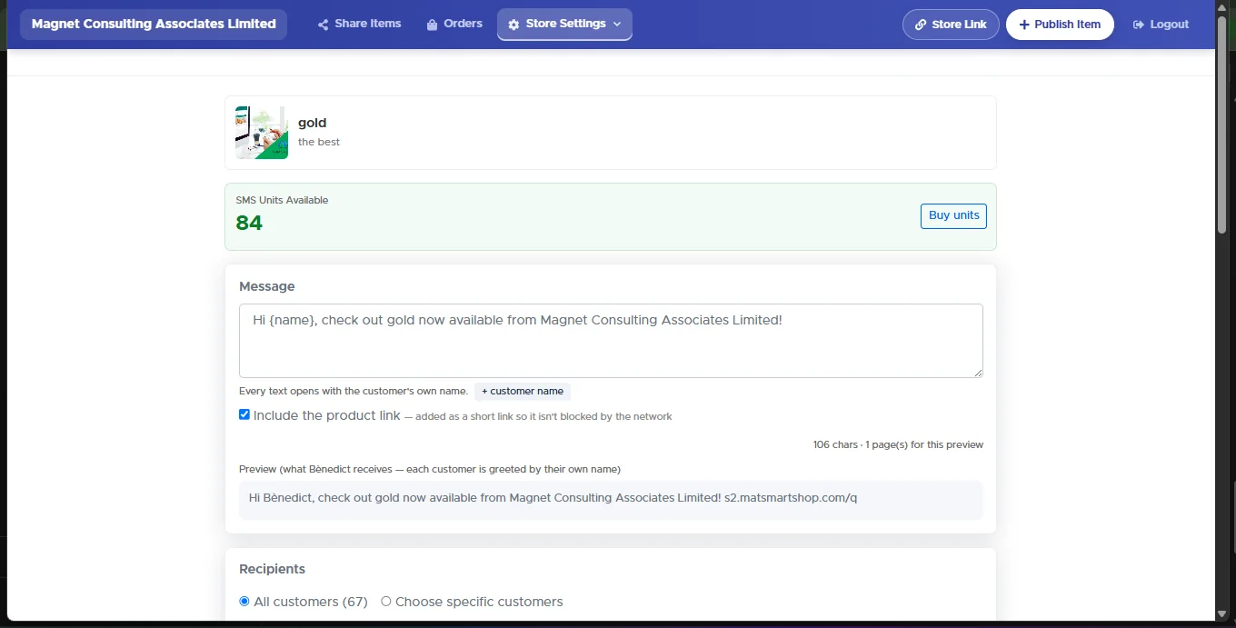 SMS screen showing the selected product, SMS units available, a message box with a prefilled promotional message, a plus customer name token, an Include the product link checkbox, a character and page count, a preview, and recipient options