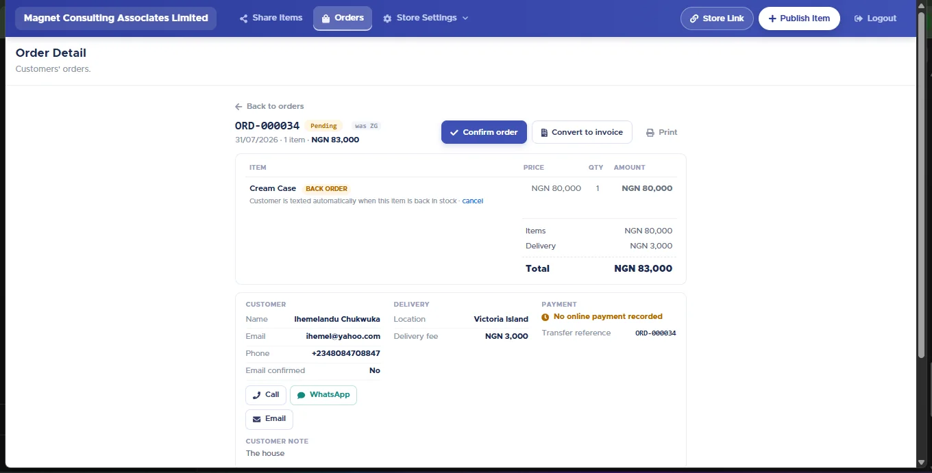 Order Detail for ORD-000034 showing Pending status, Confirm order, Convert to invoice and Print buttons, a line item flagged BACK ORDER with a note that the customer is texted automatically, totals with delivery, customer contact block with Call WhatsApp and Email buttons, payment status and a customer note