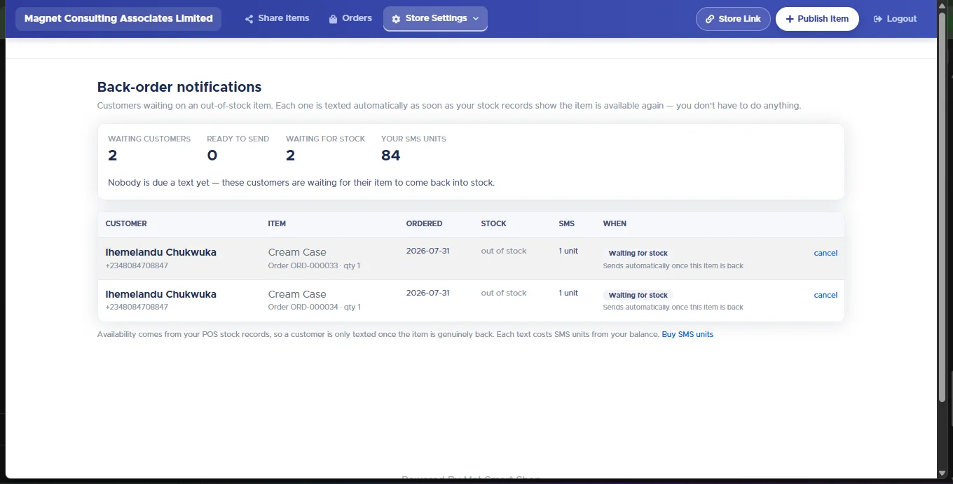 Back-order notifications screen with counters for waiting customers, ready to send, waiting for stock and SMS units, and a table of waiting customers with item, order number, stock status, SMS cost, status and a cancel link
